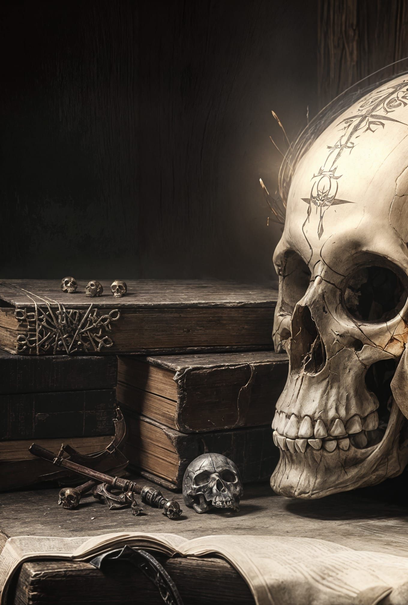 Skulls and Grimoire on Wooden Table