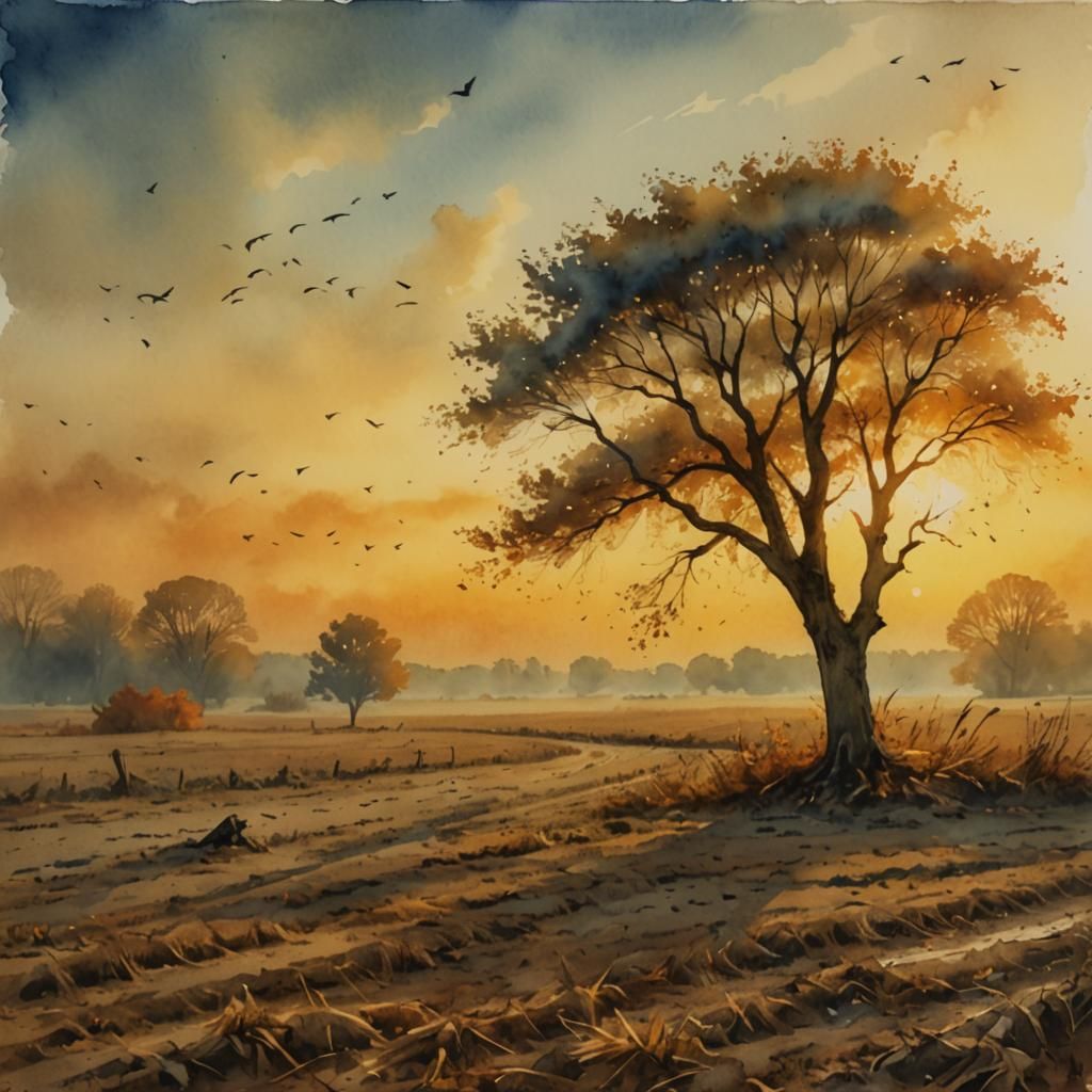 Autumn Field Watercolor Painting with Birds