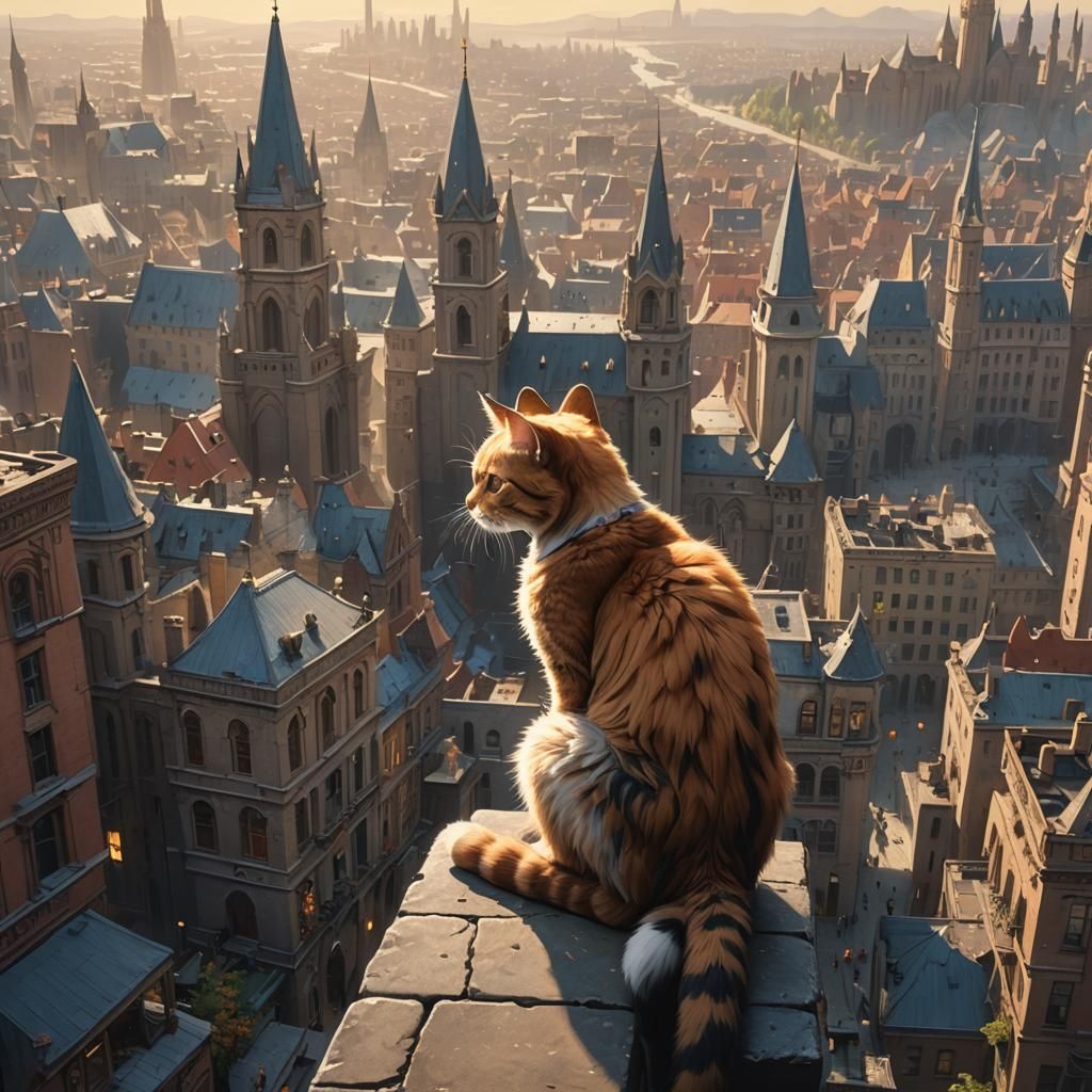Cat Overlooking Fantasy Cityscape in Matte Painting
