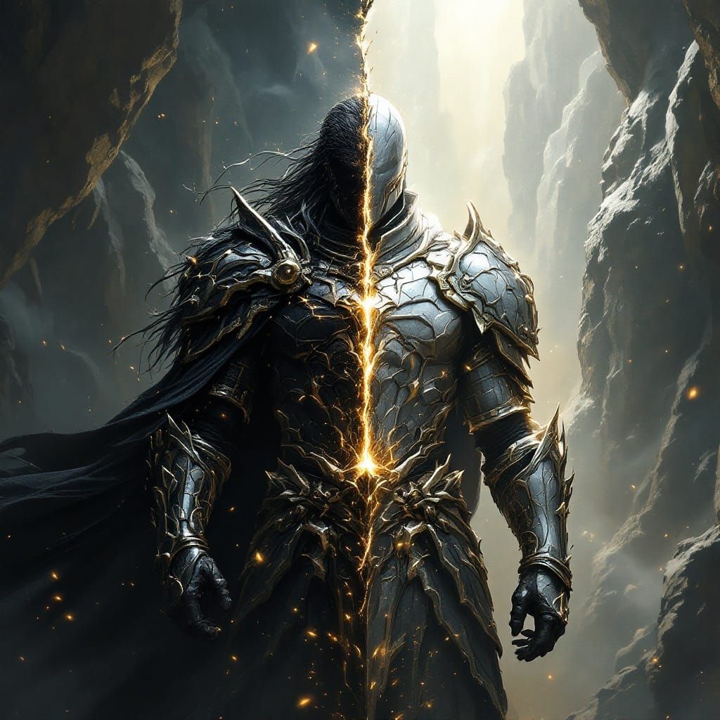Heroic Warrior Stands at the Threshold of Light and Shadow