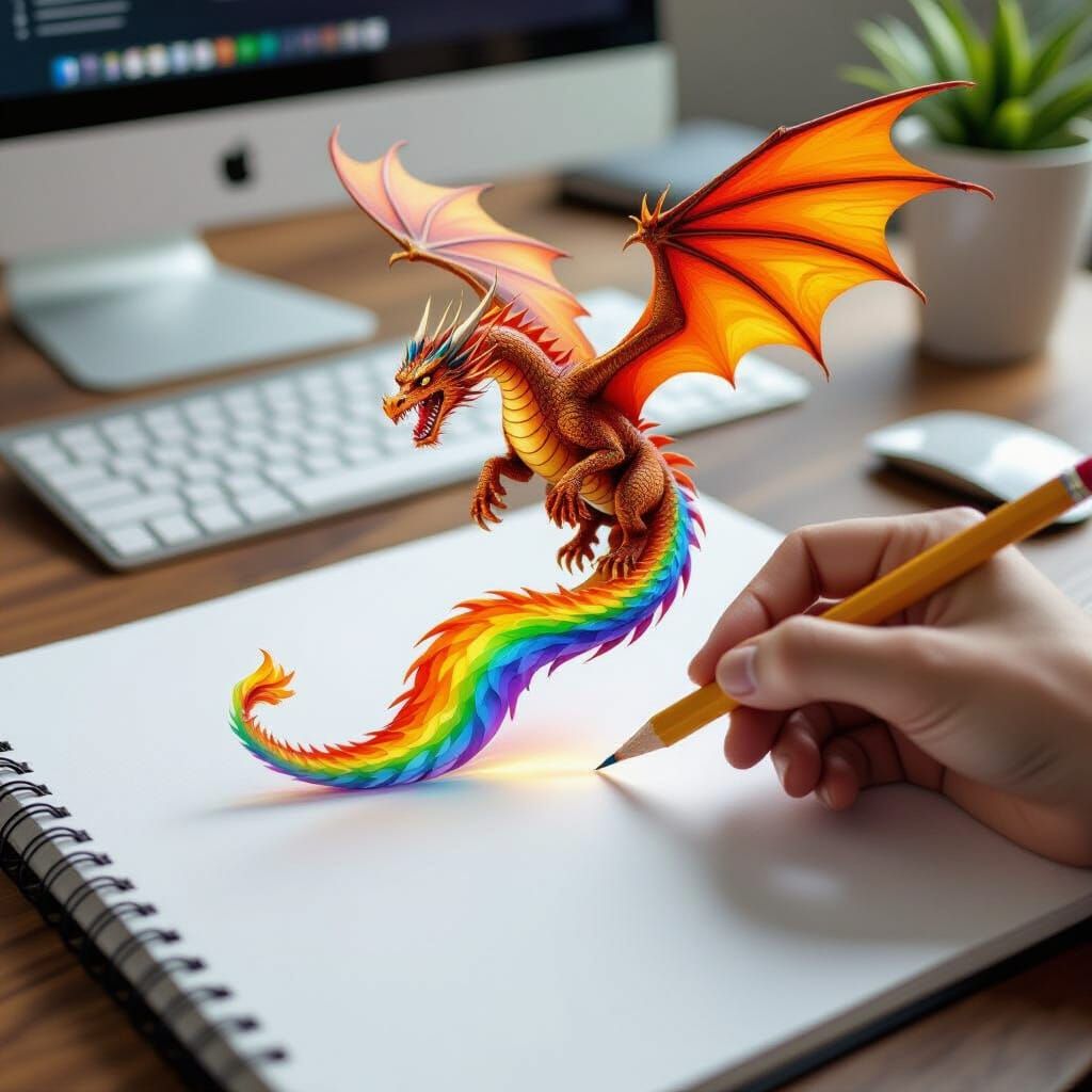 Dragon Emerges from Pencil on Desk