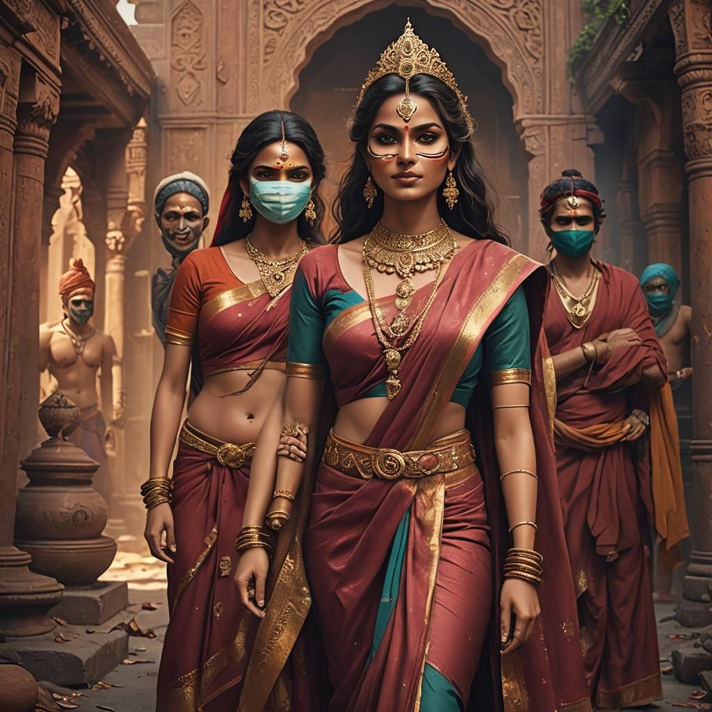 beautiful Indian women in saree  a body suit and mask.