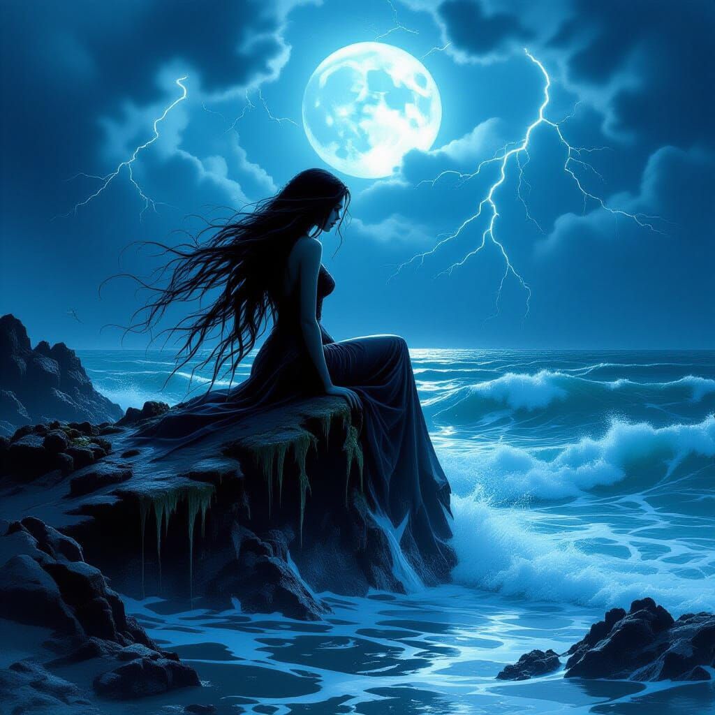 Unsettling Siren Emerges From Stormy Sea in Gothic Style