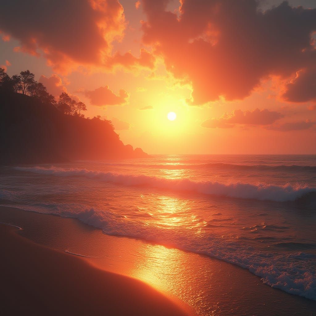 Golden Sunrise Over a Serene Beach in Vibrant Fantasy Style