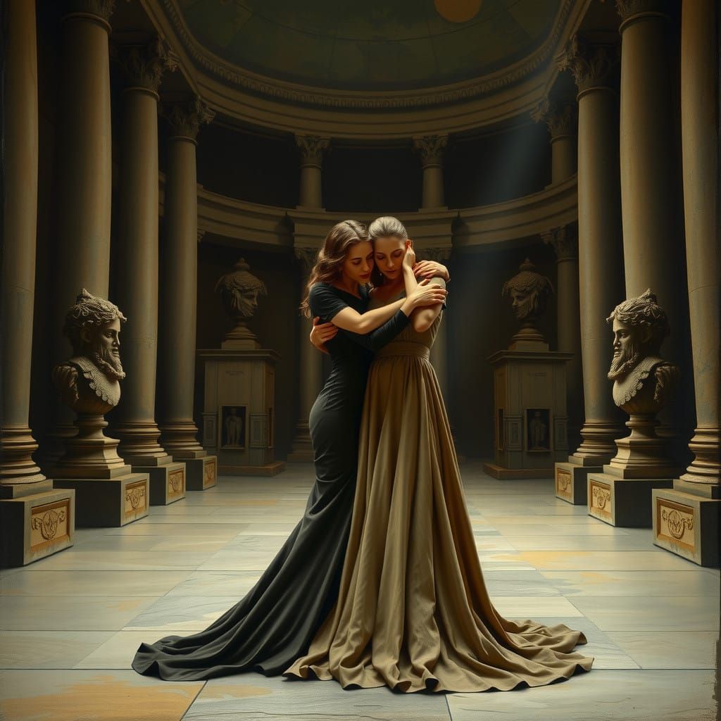 Two Women Consoled in a Grand Mausoleum, in Chiaroscuro Styl...