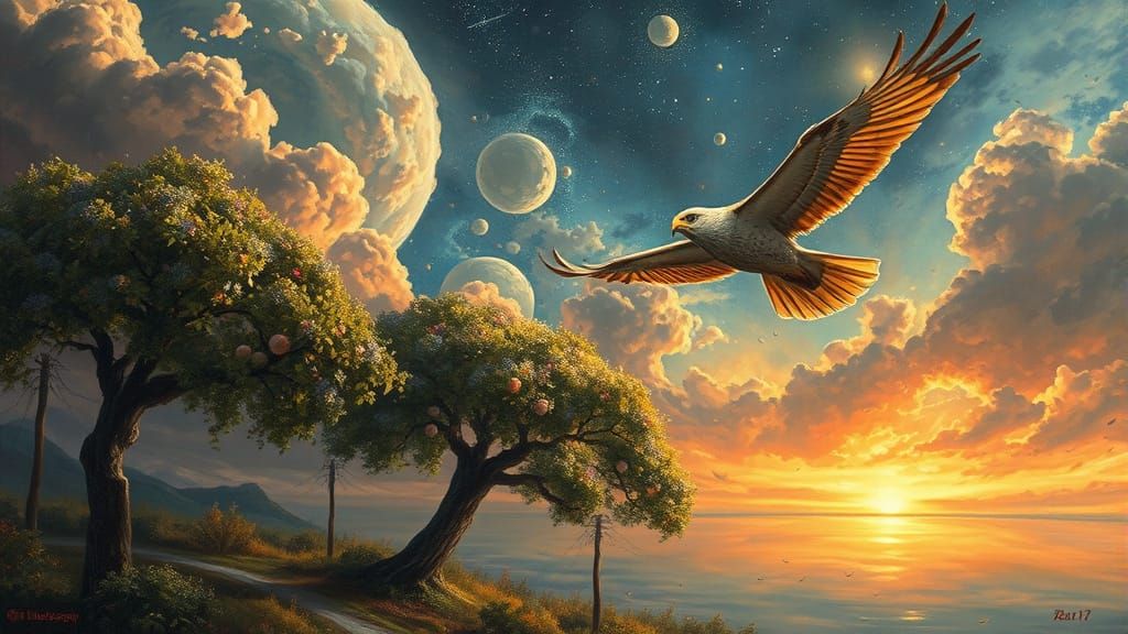Falcon Glides Over Cosmic Orchard in Epic Sci-Fi Style