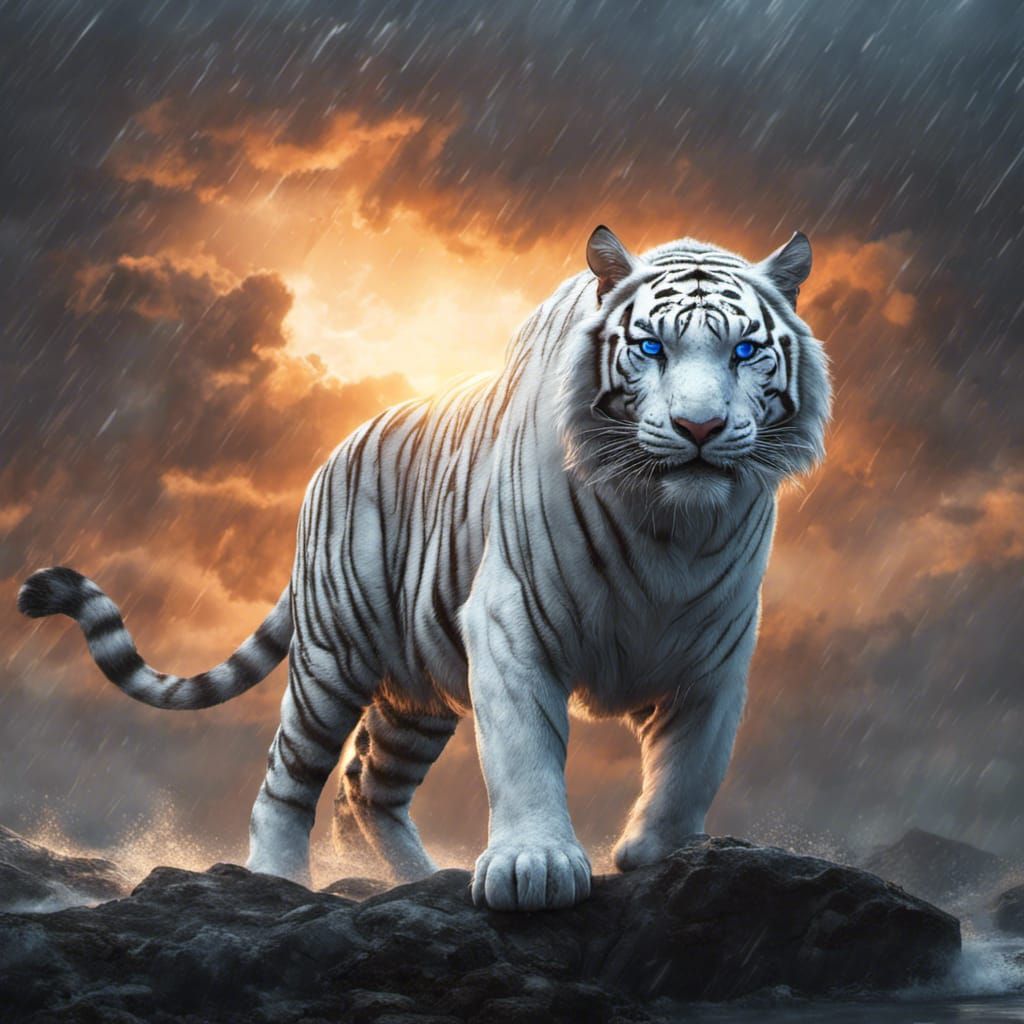 White Tiger in Rainy Sunset, Dark Fantasy Concept Art