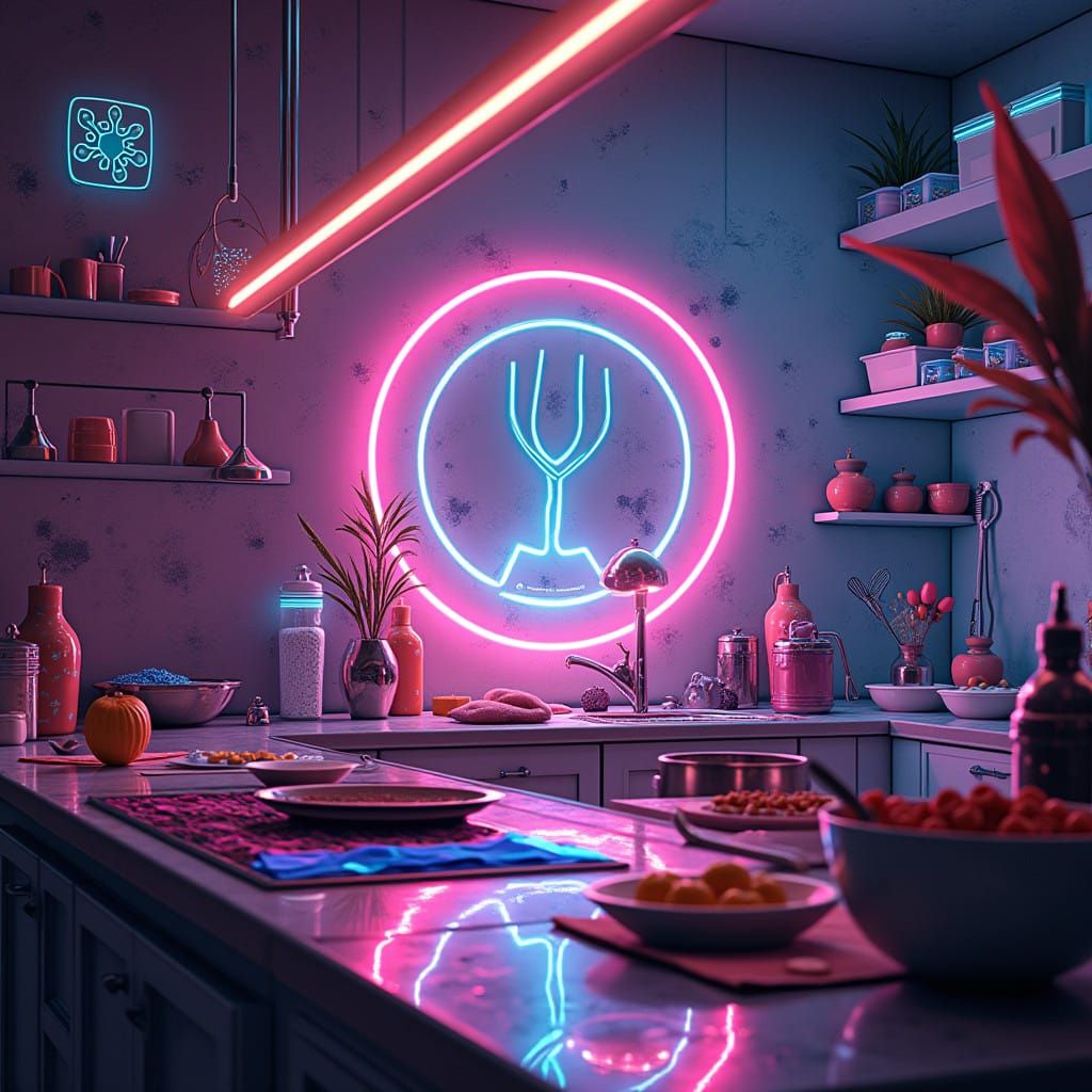 Futuristic Kitchen Hub in Neon Digital Art Style