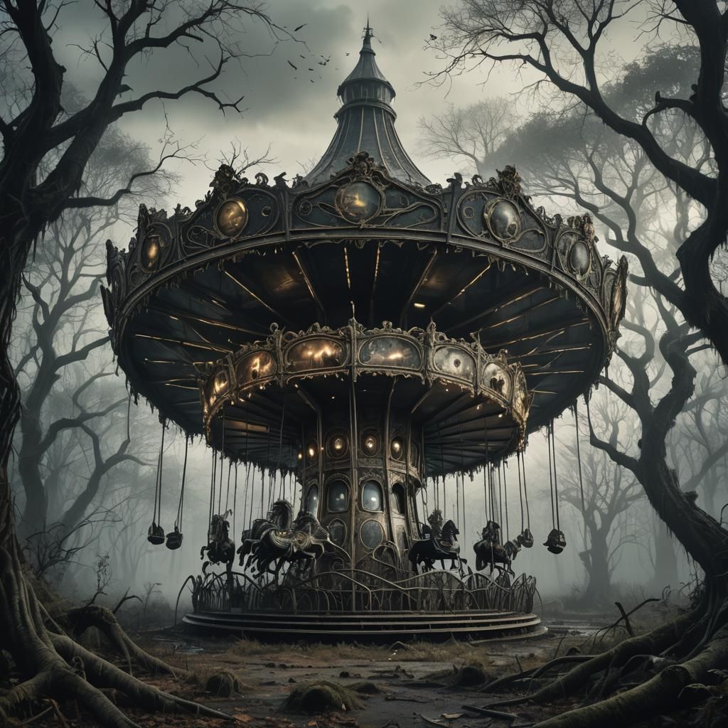 Creepy Carousel in Overgrown Forest: Dark Fantasy Illustrati...