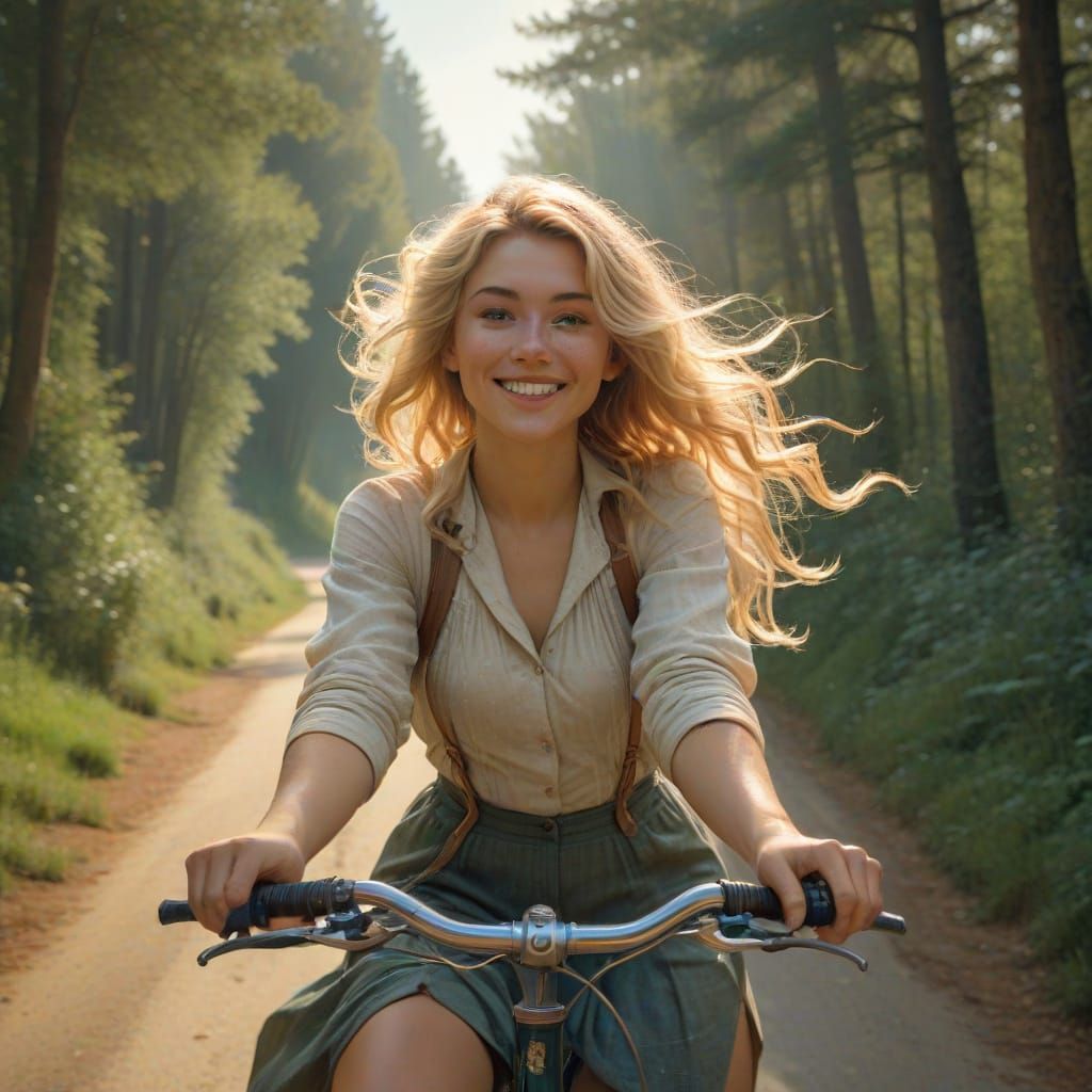 Vibrant Art Nouveau Woman Pedals Through Whimsical Forest Ro...