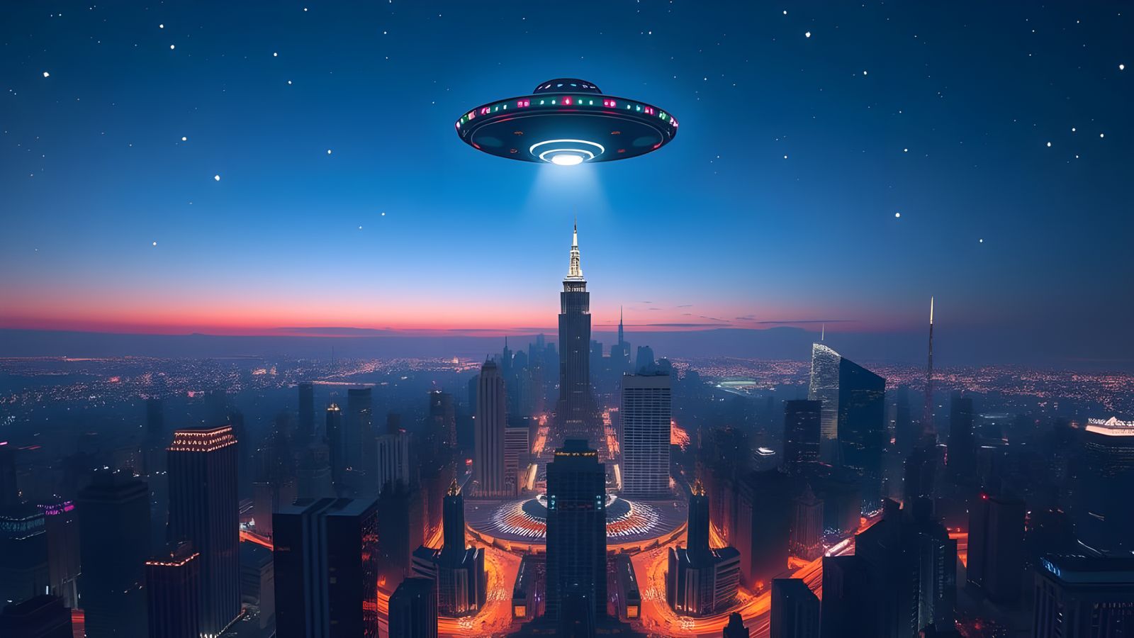 Giant UFO Emoji Over City at Night