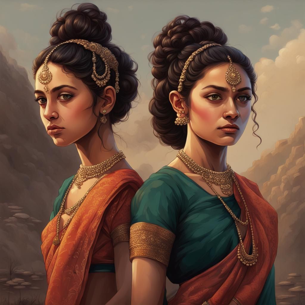 Two Women in Sarees: Fantasy Concept Art