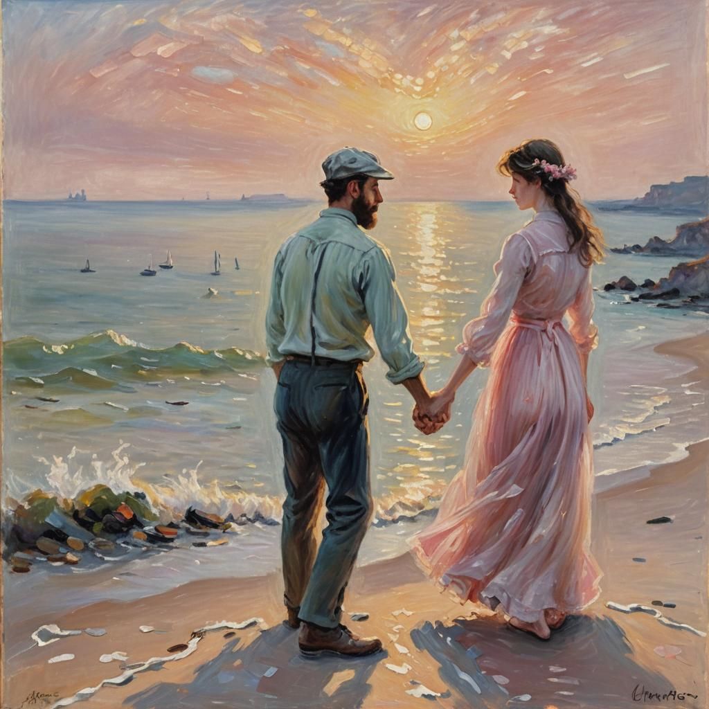 Romantic Impressionist Seascape Portrait with Couple