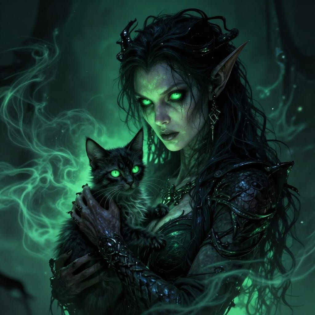 Eldritch Tiefling With Displacer Kitten Familiar