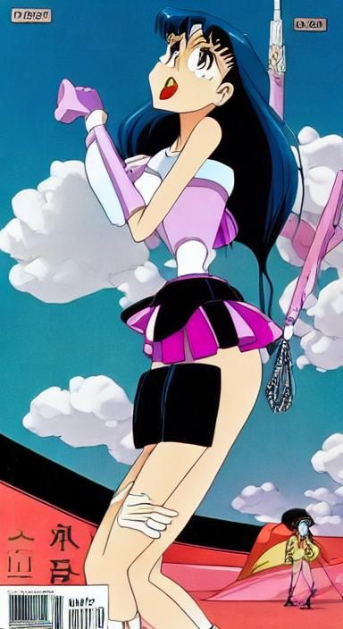 Sailor Saturn on Crescent Moon in Retro Anime Style