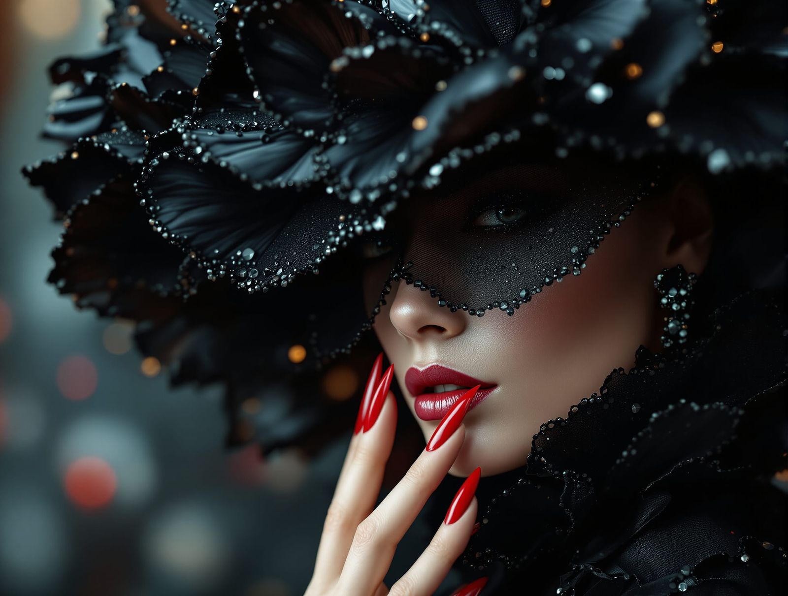 Elegant Lady in Dramatic Obsidian Petal Hat