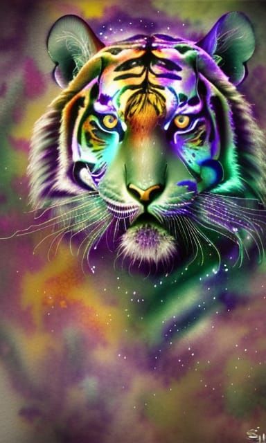 Celestial Iridescent Tiger-Panther in Watercolor Style