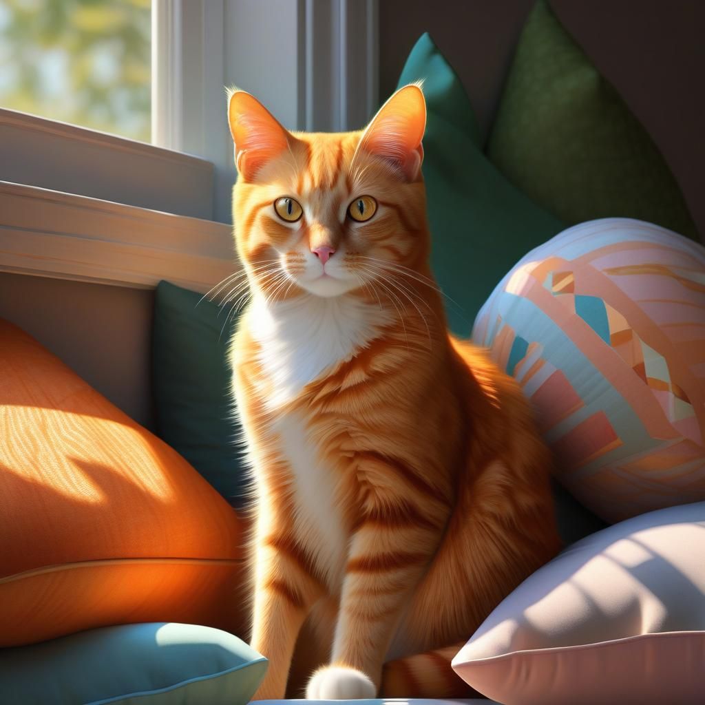 Orange Cat on Pillows Looking Out Window