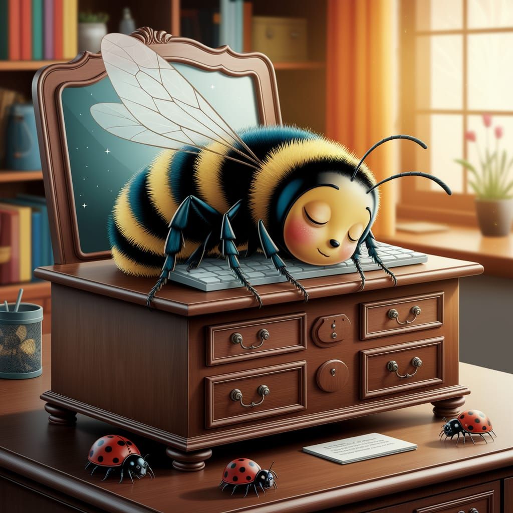 Sleepy Bumblebee Snoozes at a Vintage Desk