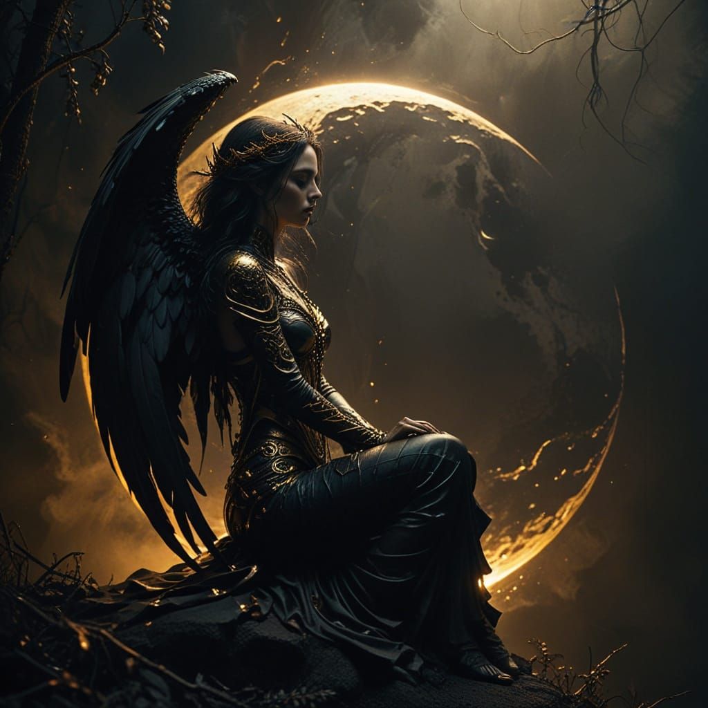 <lora:MJ6 Dark Oil Paint:1.0> <lora:Ancient Gold:1.0> <lora:EtherealVisionsFlux:1.0> <lora:divineOil:1.0> A fallen angel...