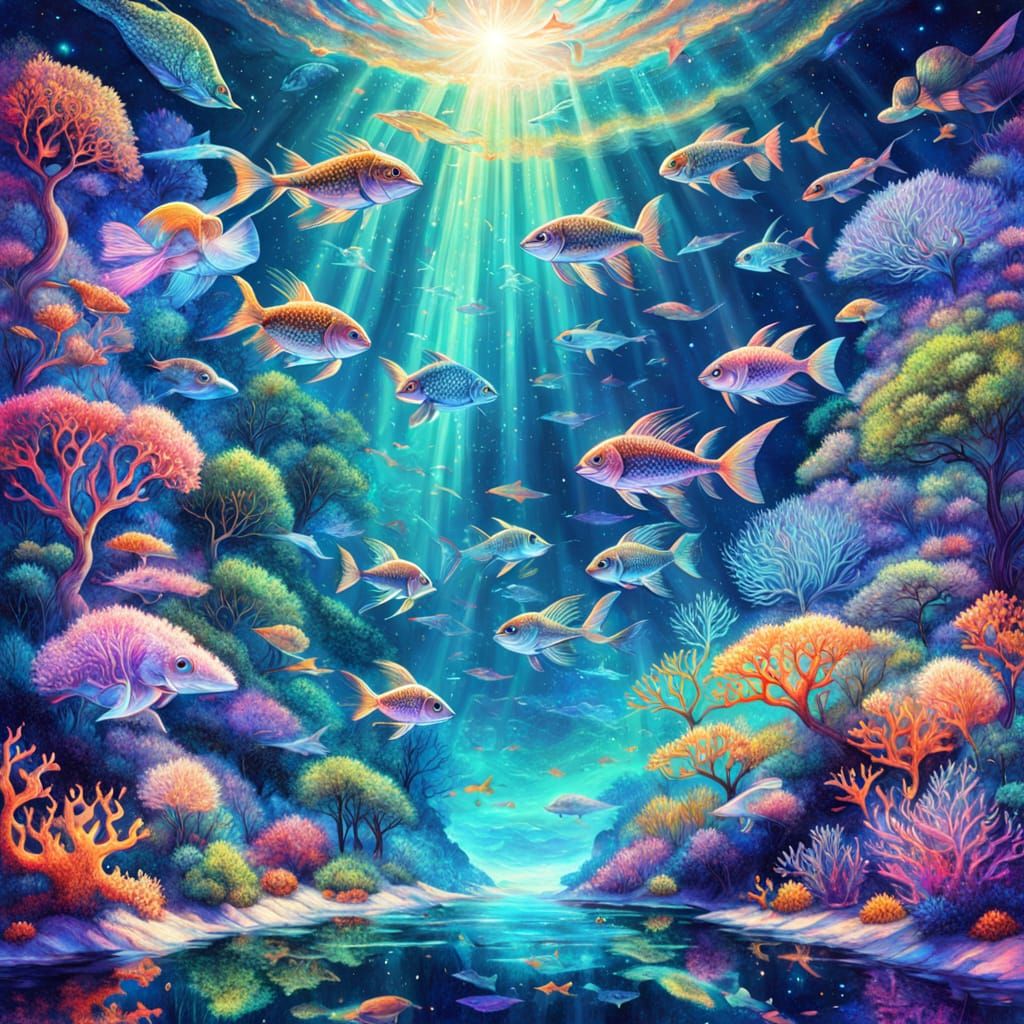 Astral Mermaids in a Bioluminescent Coral Reef