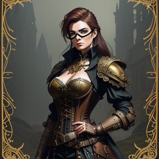 Beautiful young woman, steampunk style, against the backdrop of a gothic castle, forest, mysticism, fantasy, magic, sorc...