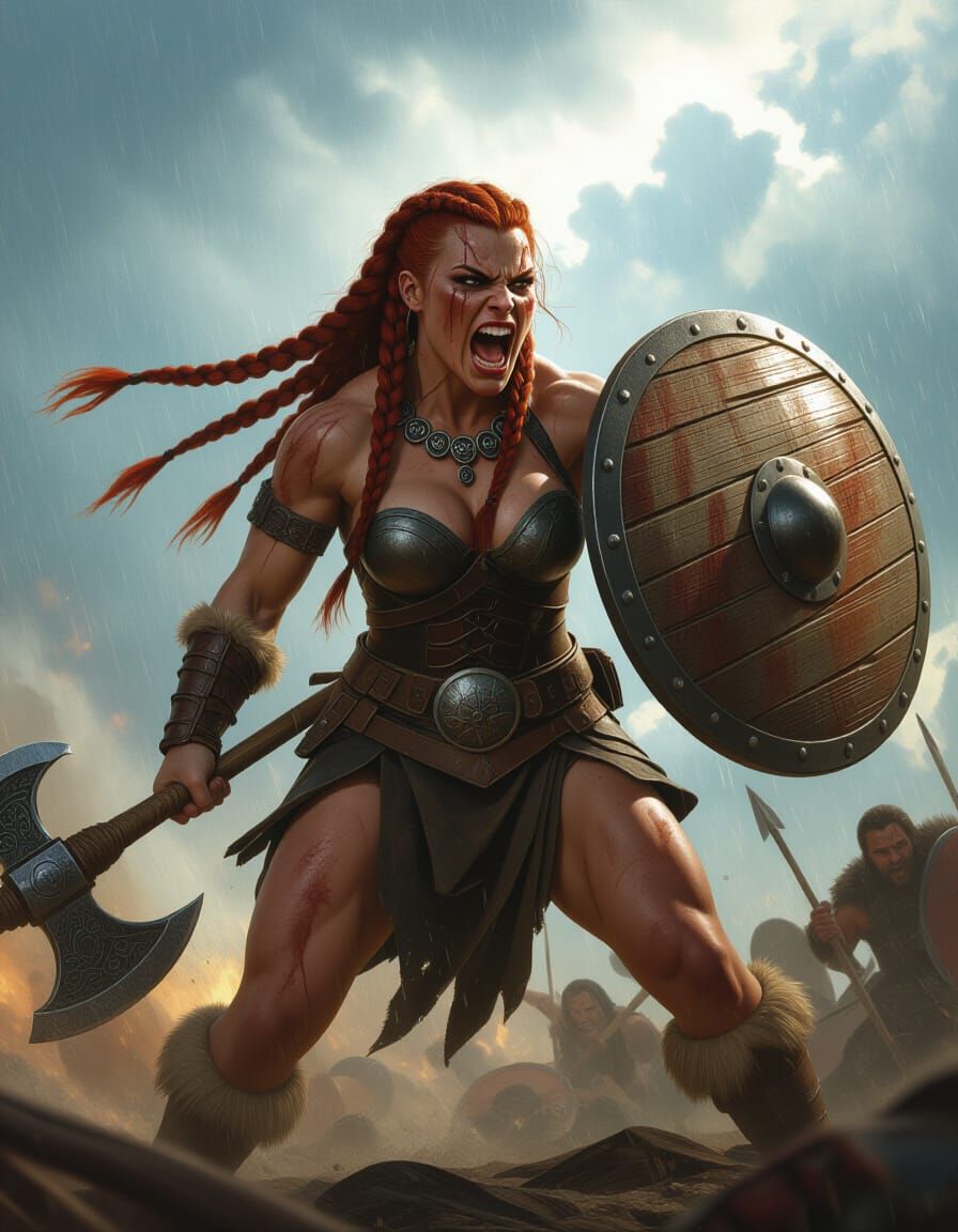 Muscular Barbarian Woman in Battle with Axe and Shield