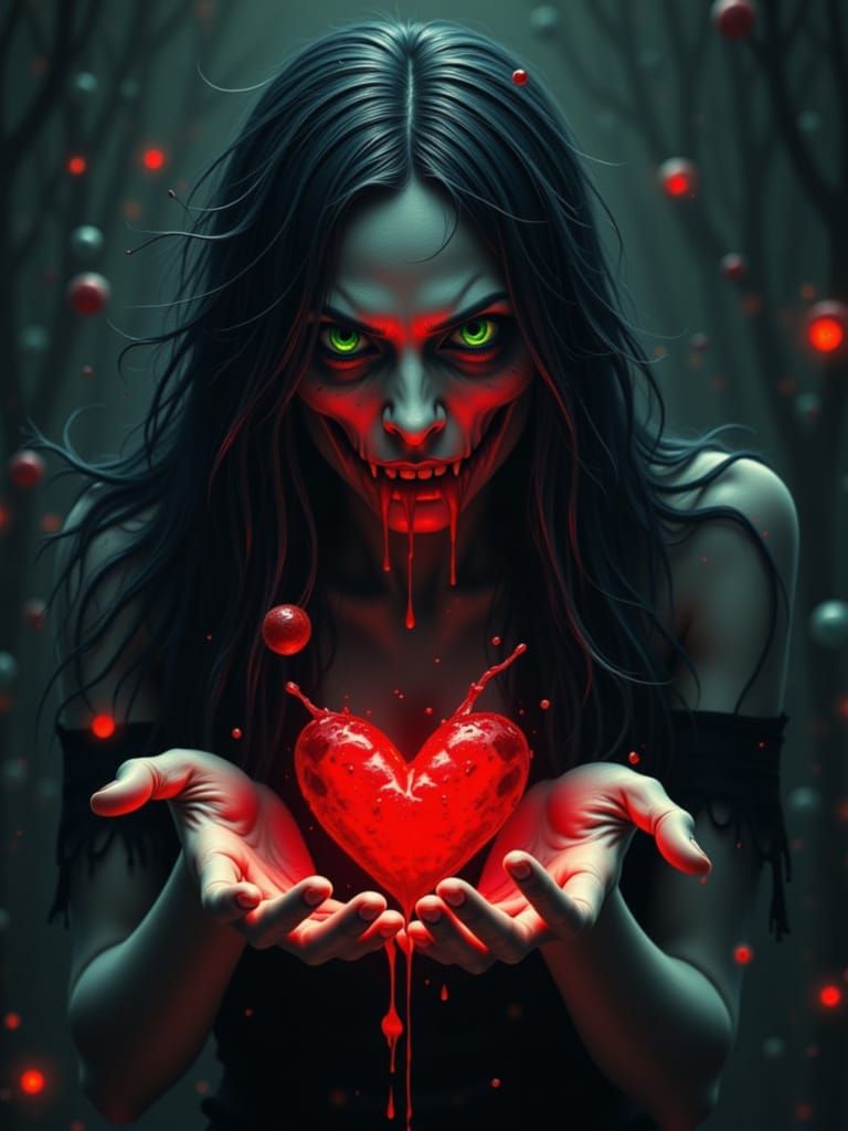 Demon Woman with Skull Mask Holding Bleeding Heart