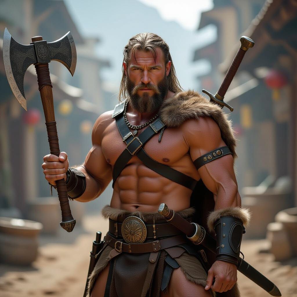 Muscular Barbarian Hero Wielding Axe and Sword