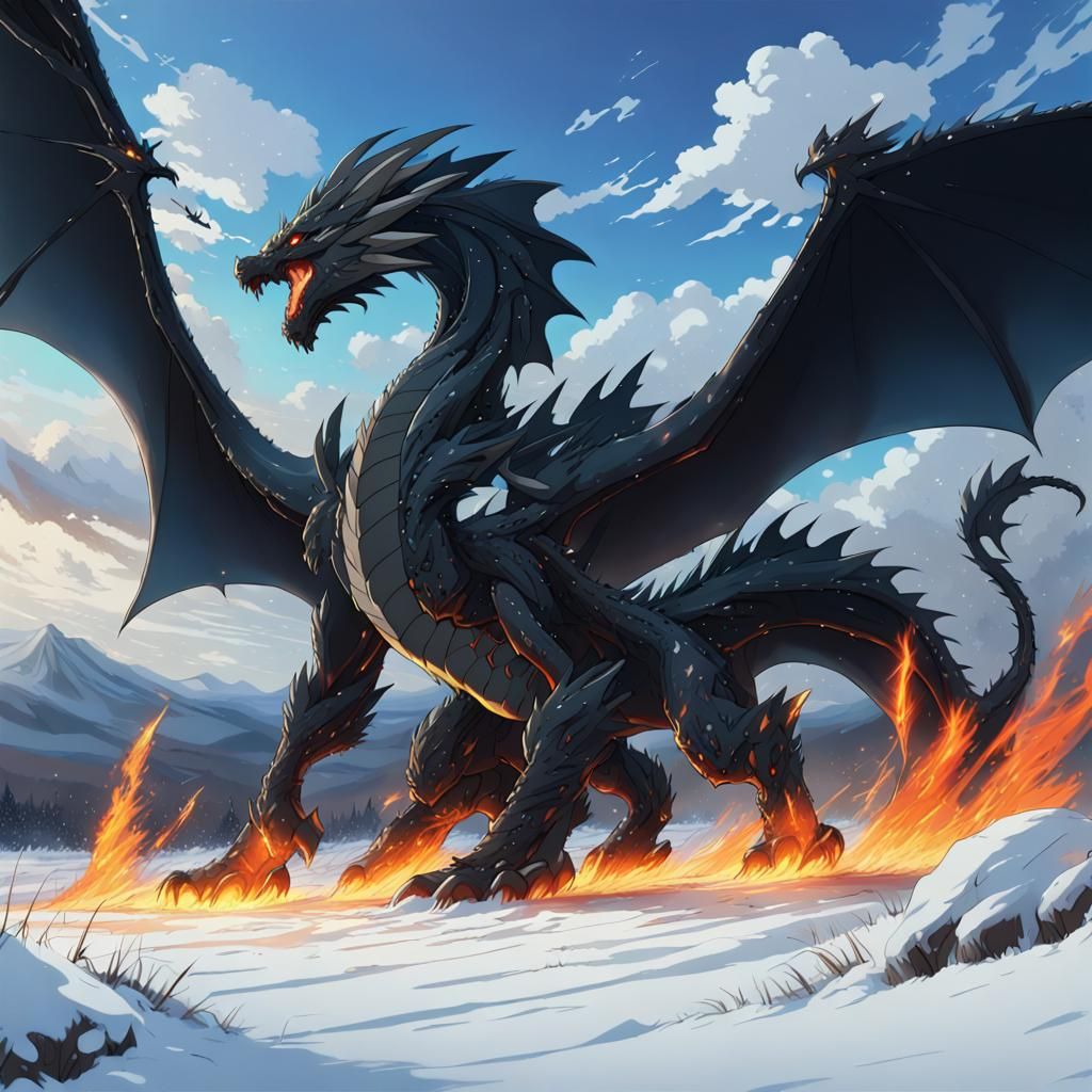 Black Dragon in Burning Snow: Ghibli-Style Anime