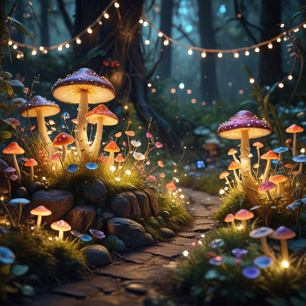 Enchanted Fairy Garden with Fireflies in Magical Realism