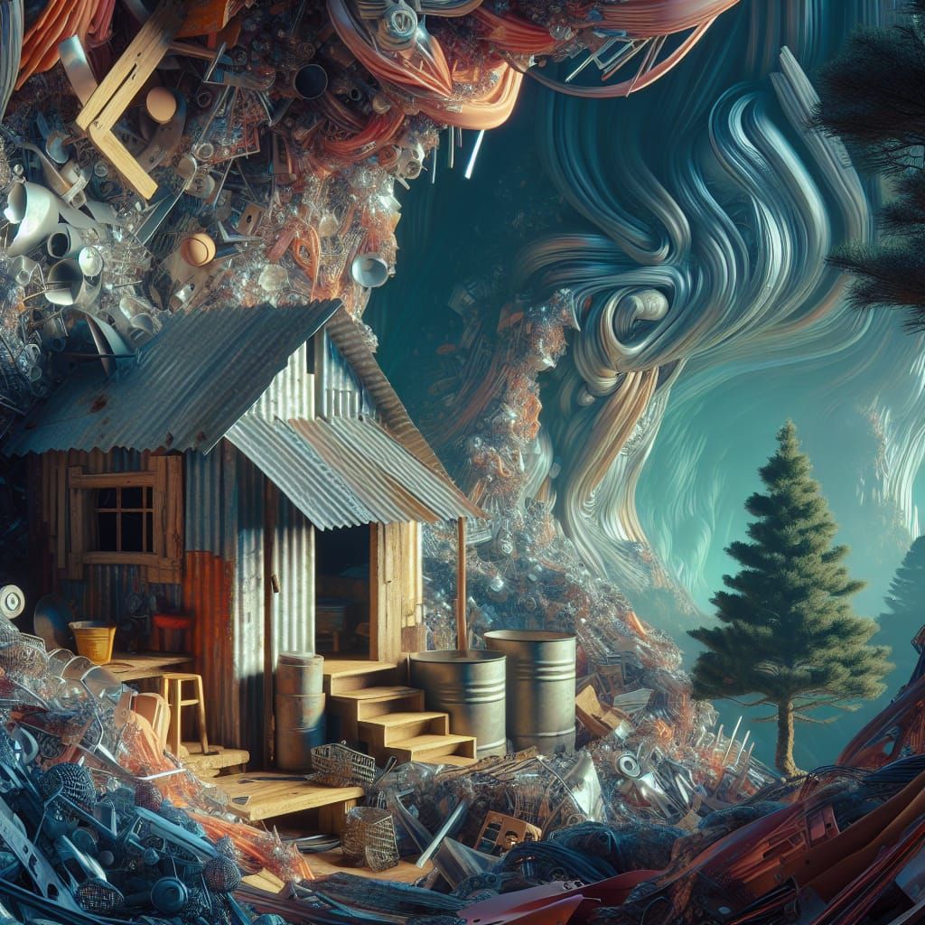 Cozy Scrap Metal Hideout in Surreal Landscape