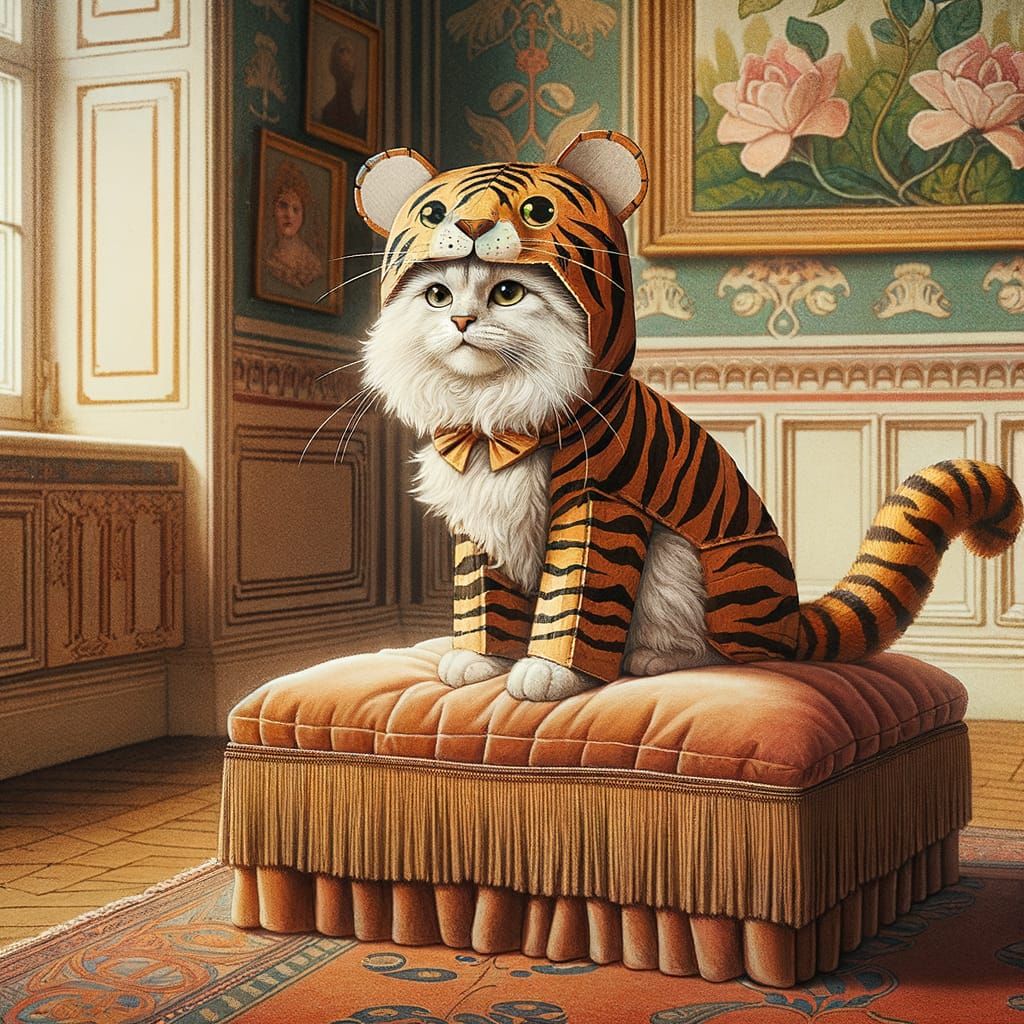 A fluffy white cat, meticulously adorned with a cardboard ti...