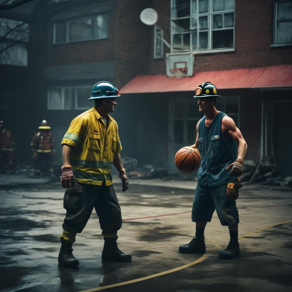 Plumber and Fireman Play Basketball: Cinematic Still