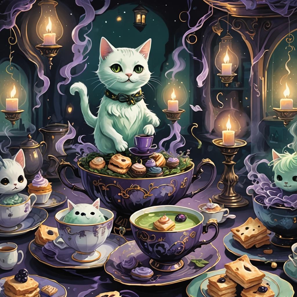 Ghost Cat's Midnight Tea Party in Haunted Teacup