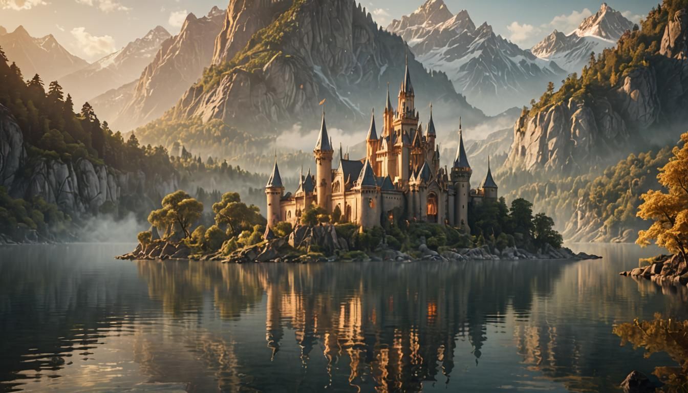 Elven Castle in Misty Lake: Photorealistic Landscape