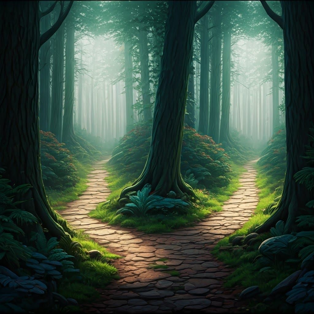 Fantastical Forest Crossroads in Deep, Vibrant Hues