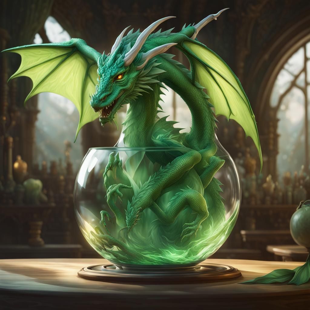Green Dragon in Glass Apple: Hyperdetailed Fantasy Art