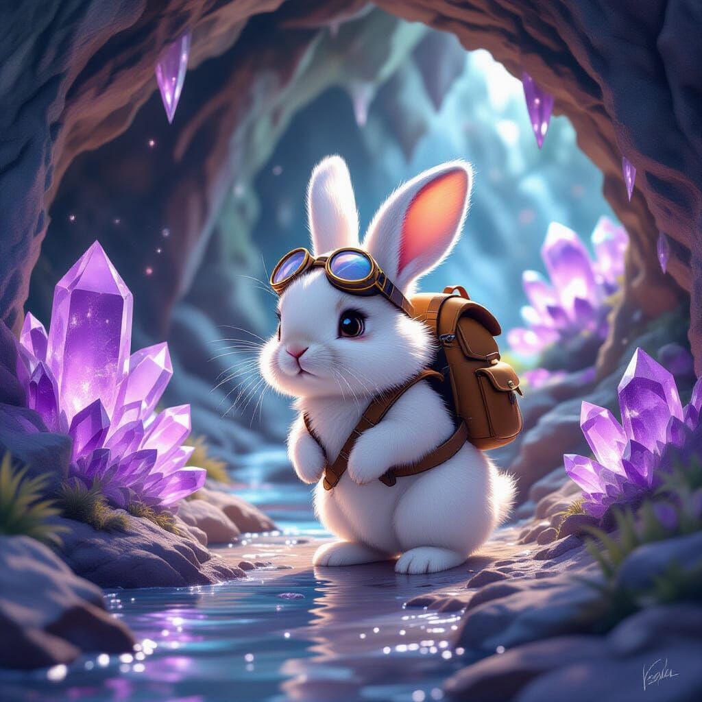 Curious Rabbit Explores Crystal Cave in Whimsical Style