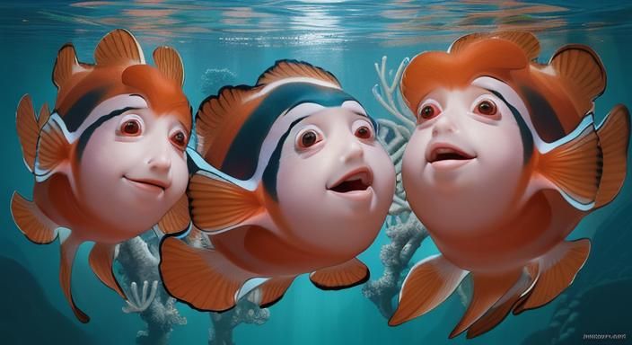 Surreal Pixar-Inspired Ocean Scene with Mobbed Clownfish