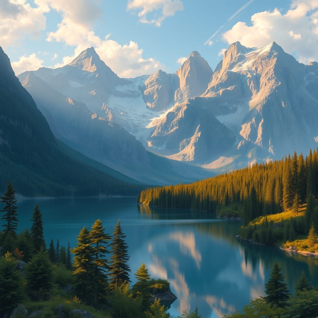 Majestic Mountain Lake Landscape with Golden Light