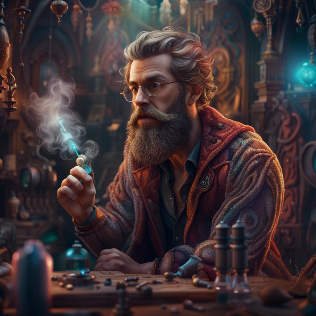 Bearded Man Vaping: A Fantasy Concept Art Piece