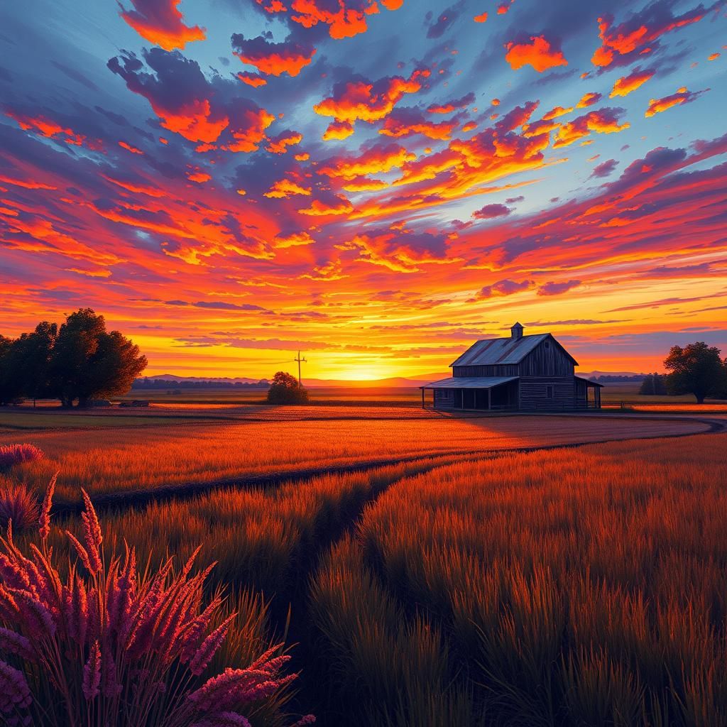 Farmhouse Sunset with Vibrant Graffiti Art