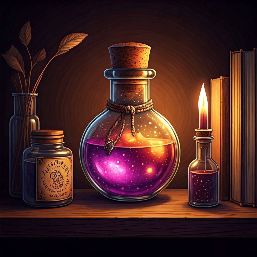 Anthropomorphic Magic Potion Bottle on Shelf