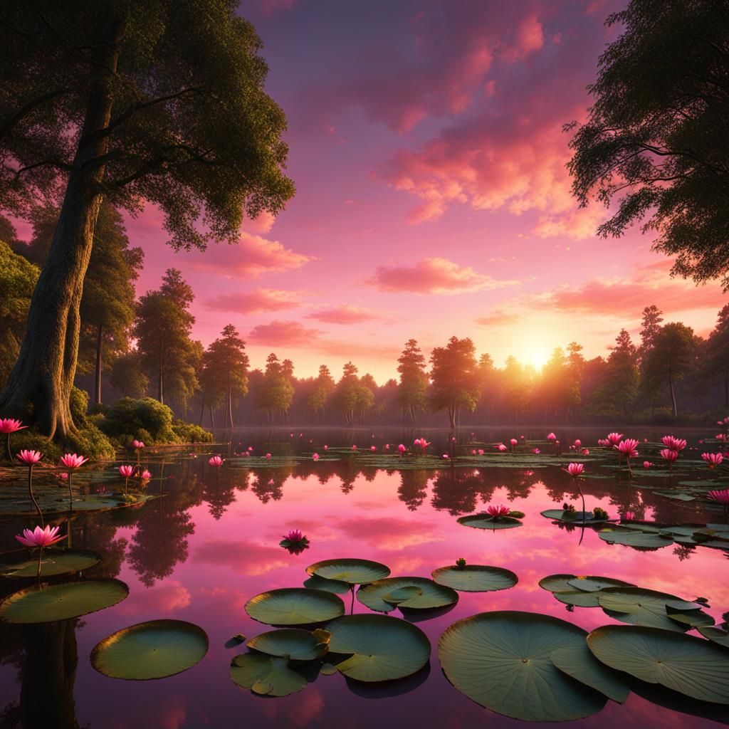 Sunset Forest with Pink Water Lilies, Digital Art