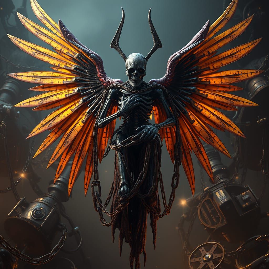 Ethereal Angel of Mechanical Horror in Cyberpunk Aesthetic