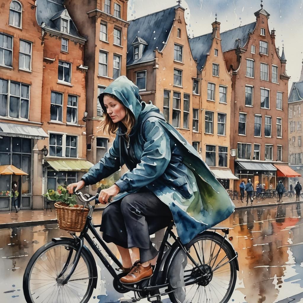Woman Cycling Through Leiden in Rainy Watercolor