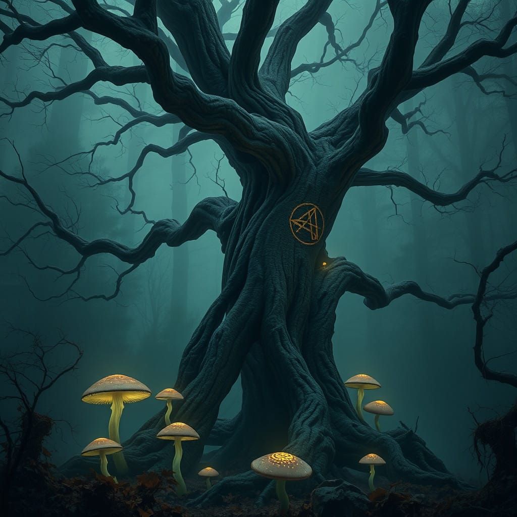 Ancient Tree Illuminated by Ethereal Mushrooms