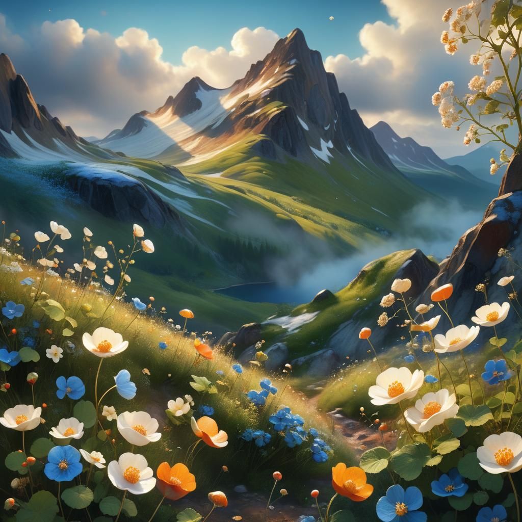 Whimsical Fantasy Landscape with Dancing Cloudberry Blooms