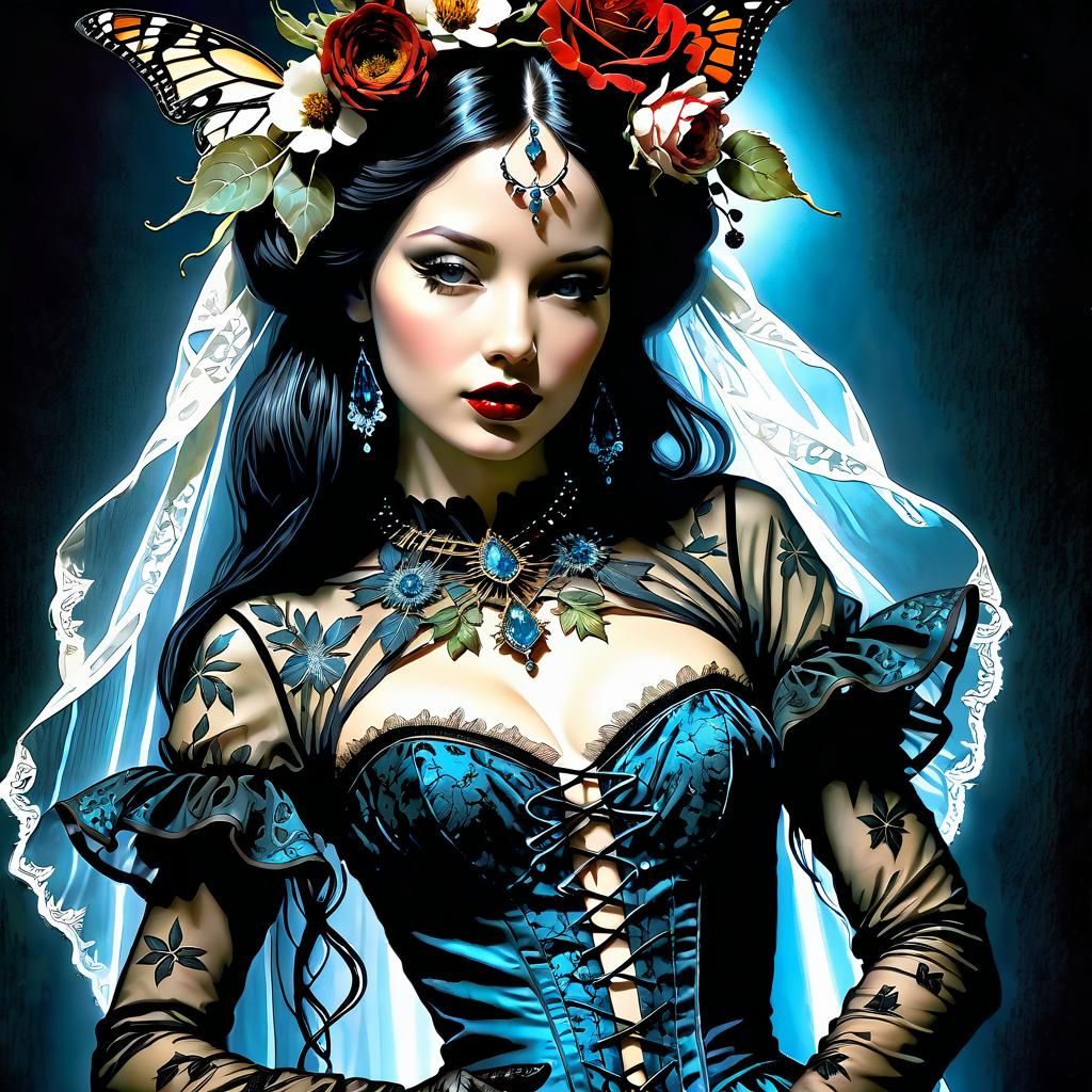 watercolor pen and alcohol ink illustration of full body got...